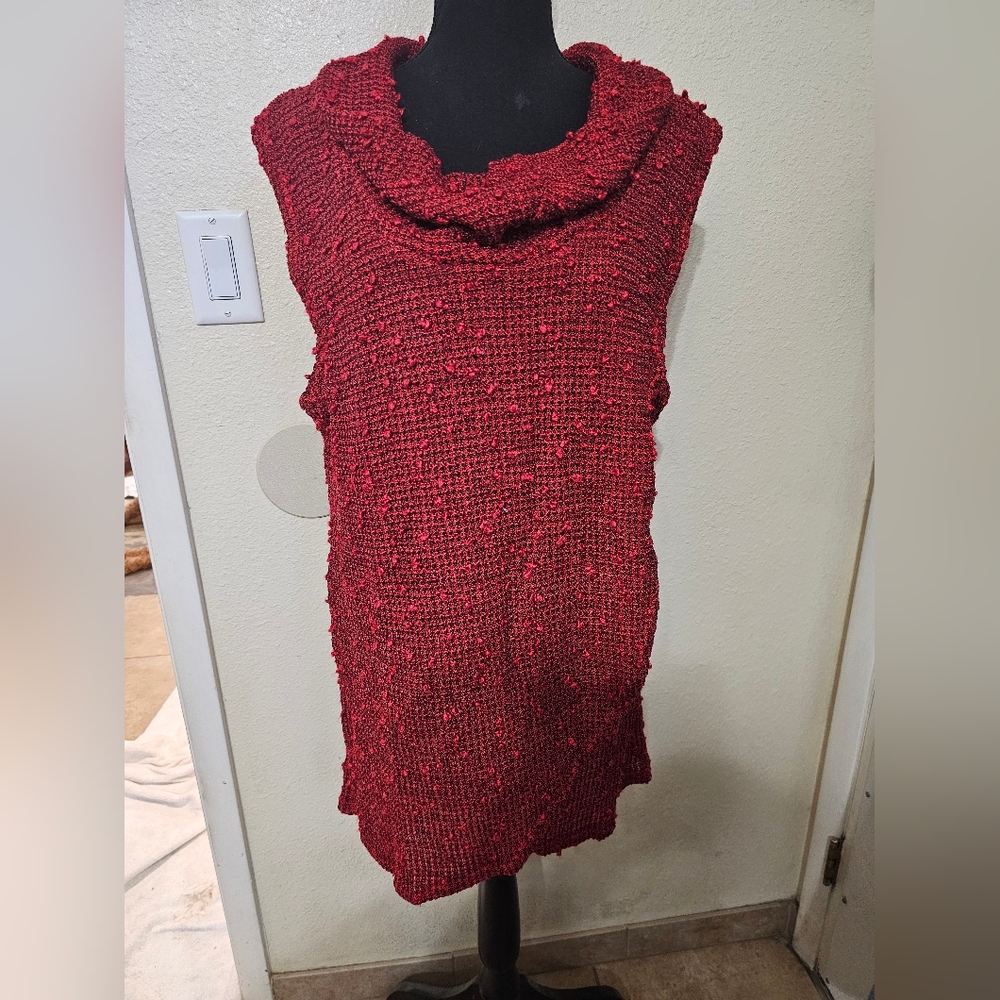 Red Knit Sleeveless Cowl Neck Top, Fun Loose Weave, Faux Wrap Around Front Flap